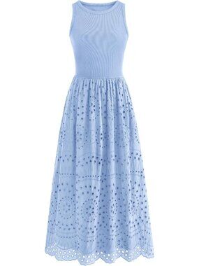 Women's Dress Maxi Light Blue Crew Neck Short Sleeveles Pockets A Line Summer